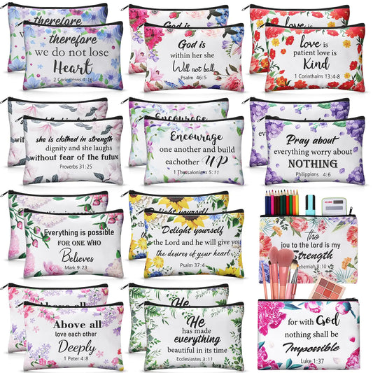 24 Pcs Christian Makeup Bag Bible Cosmetic Bags Inspirational Bible Verses.