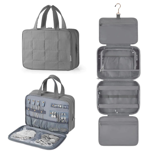 WOOMADA Travel Toiletry Bag with Jewelry Organizer Puffy Hanging Toiletry Bag for Women Large Makeup Cosmetic Bag for Travel Essentials Grey