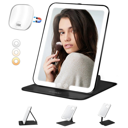 ESWU Travel Makeup Mirror with Light Portable Folding Make Up Tabletop Mirror