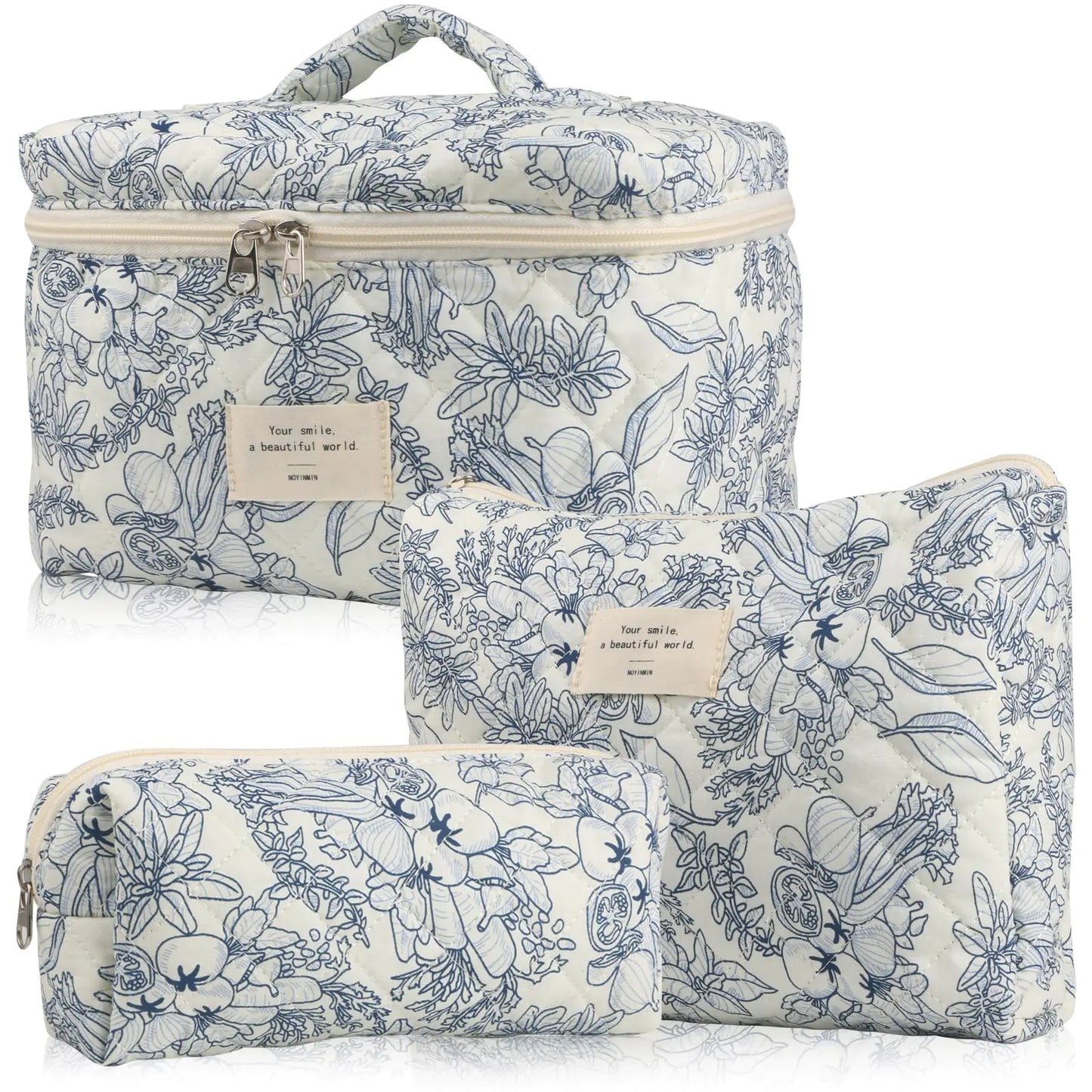 Cute Makeup Bag for Women(3 Pcs) Quilted Floral Coquette Aesthetic Make up Bags Travel Cosmetic Bags Toiletry Organizer Bag(NavyBlue Flower)