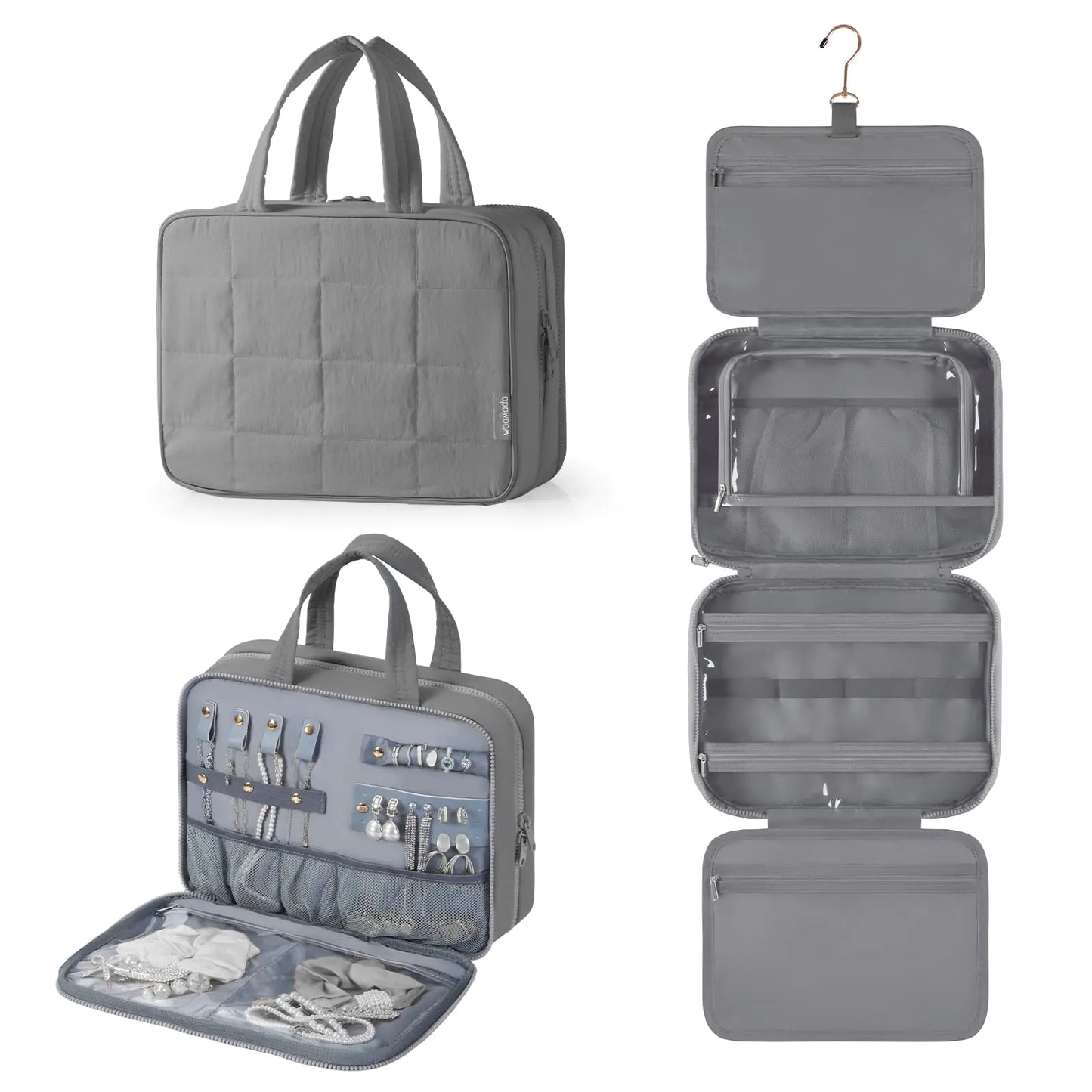 WOOMADA Travel Toiletry Bag with Jewelry Organizer Puffy Hanging Toiletry Bag for Women Large Makeup Cosmetic Bag for Travel Essentials Grey