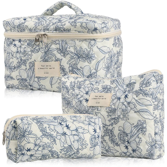 Cute Makeup Bag for Women(3 Pcs) Quilted Floral Coquette Aesthetic Make up Bags Travel Cosmetic Bags Toiletry Organizer Bag(NavyBlue Flower)